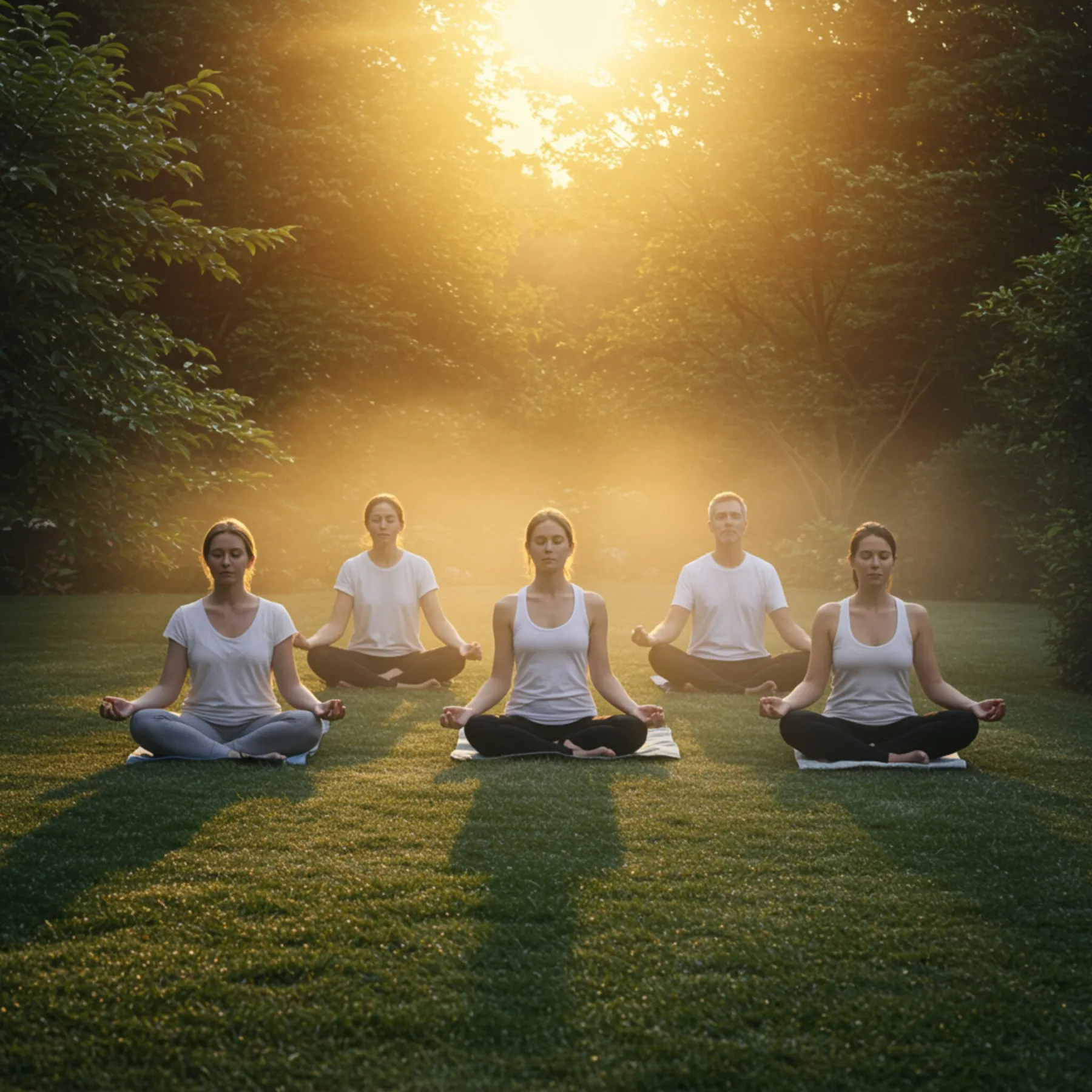 nosotros 1 2 "Grupo de adultos blancos practicando yoga al aire libre en un jardín tranquilo al amanecer, rodeados de naturaleza y armonía."